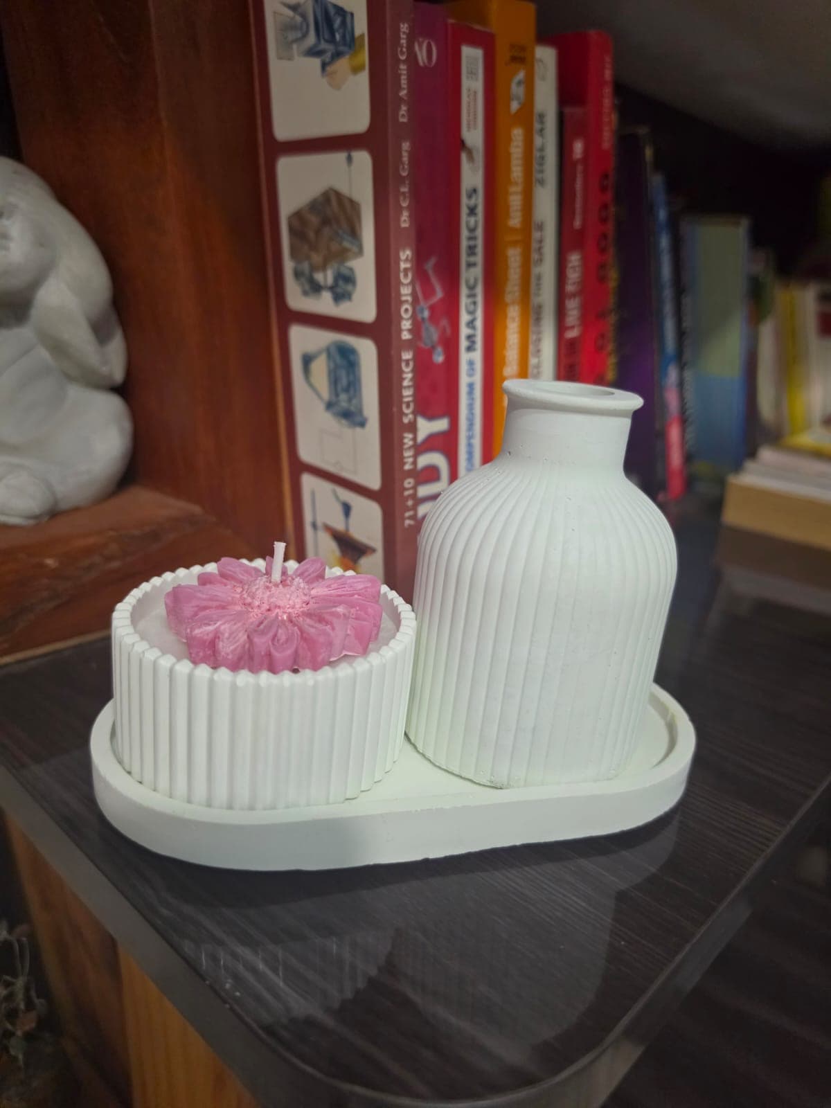 The Dahlia Bowl Set — a pink wax dahlia in a fluted ceramic pot with matching vase and tray, handmade by Soft Rituals